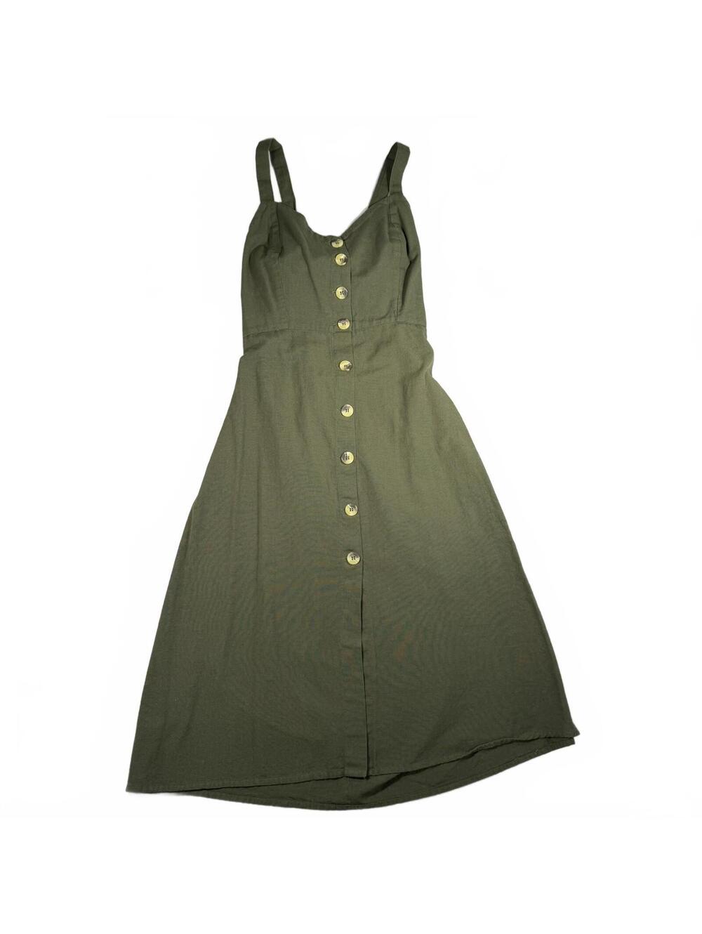 Japna Womens Size L Olive Green Button Front Midi Dress Tie Waist Linen Blend